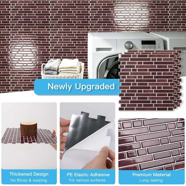 Alt view image 6 of 7 - Linear Tile Peel and Stick Backsplash, 10-Pack, Dark Burgundy 12 x 12 Inch, Enhanced Thickness, Warp Resistant, Strong Adhesion, Sturdy, for Kitchen, Bedroom, Ideal for Home Improvement