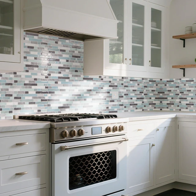 Alt view image 2 of 7 - Linear Design Tile Peel and Stick Backsplash, 10-Sheet, Gray & Blue 12 x 12 Inch, Enhanced Thickness, Warp Resistant, Strong Adhesion, Sturdy, for Kitchen, Bedroom, Ideal for Home Improvement