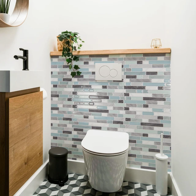 Alt view image 3 of 7 - Linear Design Tile Peel and Stick Backsplash, 10-Sheet, Gray & Blue 12 x 12 Inch, Enhanced Thickness, Warp Resistant, Strong Adhesion, Sturdy, for Kitchen, Bedroom, Ideal for Home Improvement