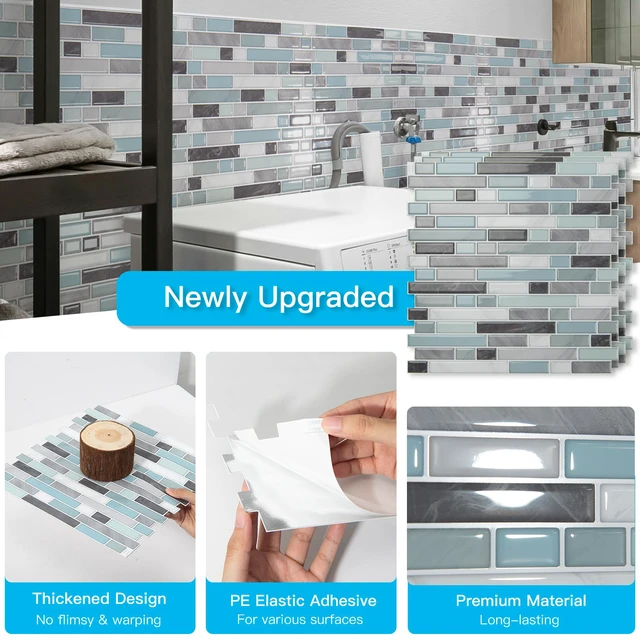 Alt view image 5 of 7 - Linear Design Tile Peel and Stick Backsplash, 10-Sheet, Gray & Blue 12 x 12 Inch, Enhanced Thickness, Warp Resistant, Strong Adhesion, Sturdy, for Kitchen, Bedroom, Ideal for Home Improvement