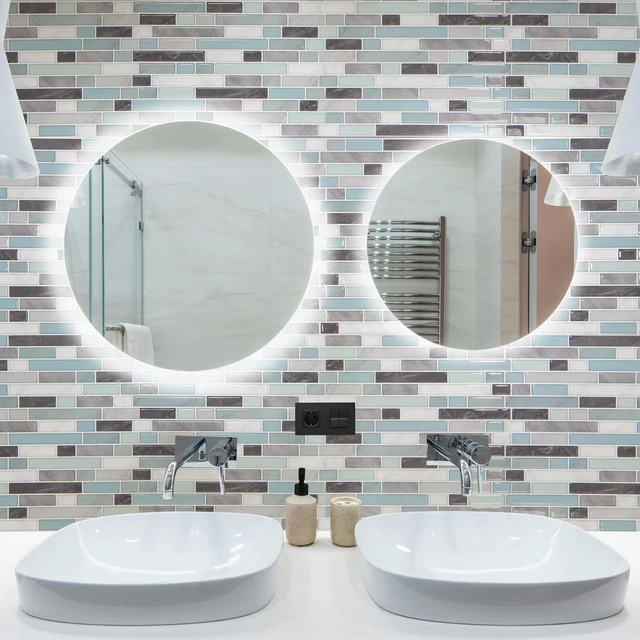 Alt view image 4 of 7 - Linear Design Tile Peel and Stick Backsplash, 10-Sheet, Gray & Blue 12 x 12 Inch, Enhanced Thickness, Warp Resistant, Strong Adhesion, Sturdy, for Kitchen, Bedroom, Ideal for Home Improvement
