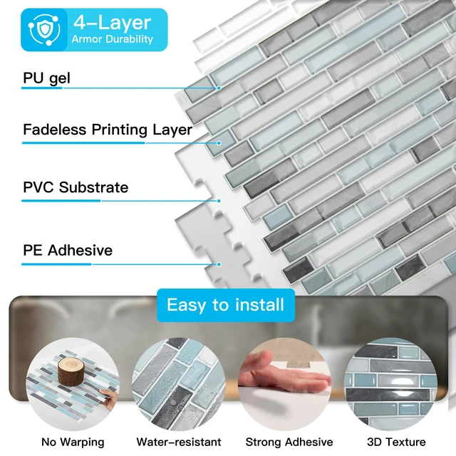 Alt view image 7 of 7 - Linear Design Tile Peel and Stick Backsplash, 10-Sheet, Gray & Blue 12 x 12 Inch, Enhanced Thickness, Warp Resistant, Strong Adhesion, Sturdy, for Kitchen, Bedroom, Ideal for Home Improvement