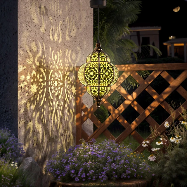 Alt view image 3 of 7 - Hanging Solar Lights Outdoor Garden Decor Solar Lantern Waterproof Plastic Moroccan Outdoor Decorations for Patio Pathway Yard Backyard Garden Decorative (2 Pack, Bronze)
