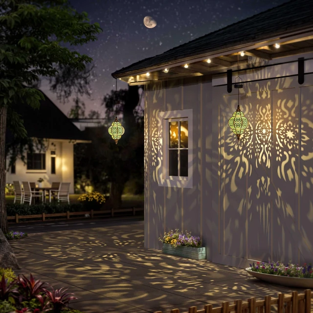 Alt view image 4 of 7 - Hanging Solar Lights Outdoor Garden Decor Solar Lantern Waterproof Plastic Moroccan Outdoor Decorations for Patio Pathway Yard Backyard Garden Decorative (2 Pack, Bronze)