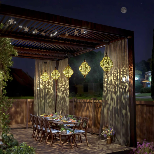 Alt view image 7 of 7 - Hanging Solar Lights Outdoor Garden Decor Solar Lantern Waterproof Plastic Moroccan Outdoor Decorations for Patio Pathway Yard Backyard Garden Decorative (2 Pack, Bronze)