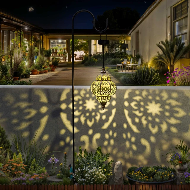 Alt view image 5 of 7 - Hanging Solar Lights Outdoor Garden Decor Solar Lantern Waterproof Plastic Moroccan Outdoor Decorations for Patio Pathway Yard Backyard Garden Decorative (2 Pack, Bronze)