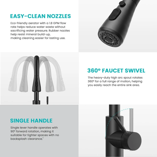 Alt view image 7 of 7 - Kitchen Faucet with Pull Down sparyer,Leak Proof, Matte Black 304 Stainless Steel,10-Min DIY Install,23-Inch Pull-Down Hose,2-Function Spray,360° Swivel Spout