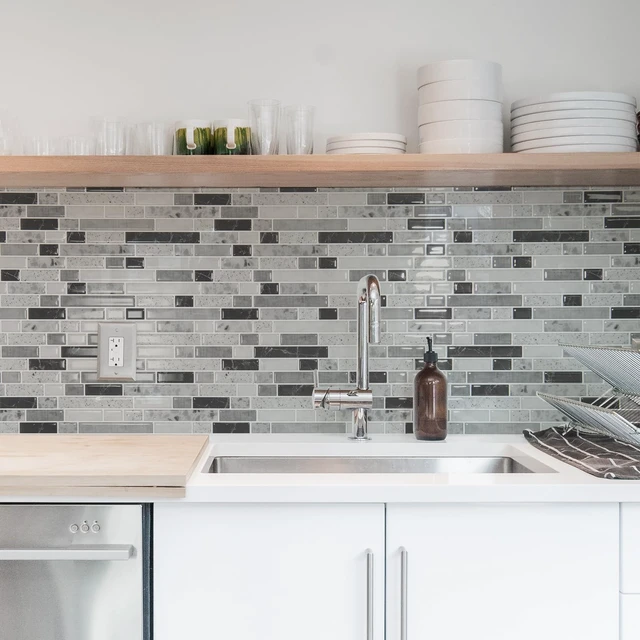 Alt view image 4 of 7 - Linear Design Tile Peel and Stick Backsplash, 10-Sheet, Carrara Grey 12 x 12 Inch, Enhanced Thickness, Warp Resistant, Strong Adhesion, Sturdy, for Kitchen, Bedroom, Ideal for Home Improvement