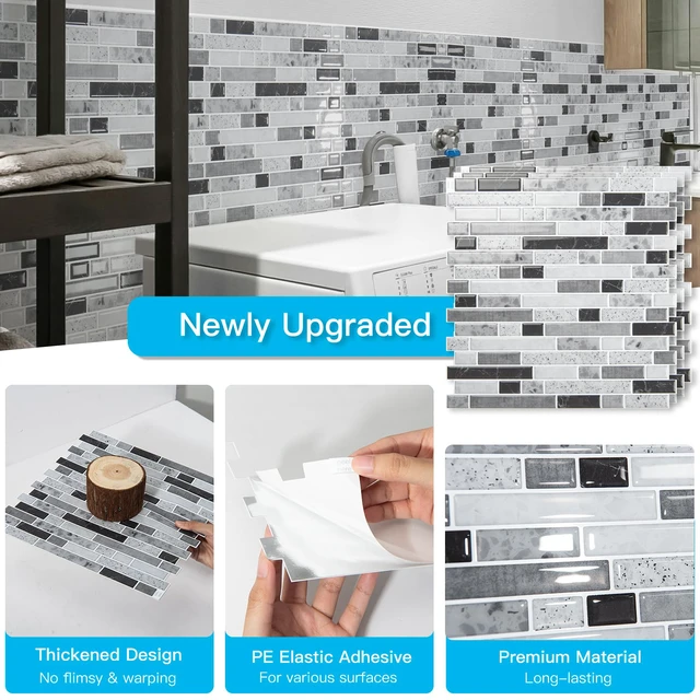 Alt view image 5 of 7 - Linear Design Tile Peel and Stick Backsplash, 10-Sheet, Carrara Grey 12 x 12 Inch, Enhanced Thickness, Warp Resistant, Strong Adhesion, Sturdy, for Kitchen, Bedroom, Ideal for Home Improvement