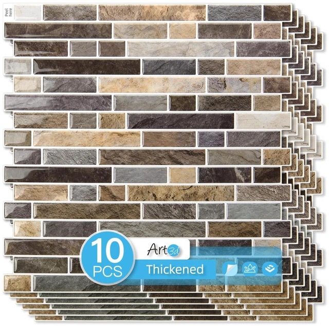 Main image of Linear Tile Peel and Stick Backsplash, 10-Pack, Vintage Sandstone 12 x 12 Inch, Enhanced Thickness, Warp Resistant, Strong Adhesion, Sturdy, for Kitchen, Bedroom, Ideal for Home Improvement