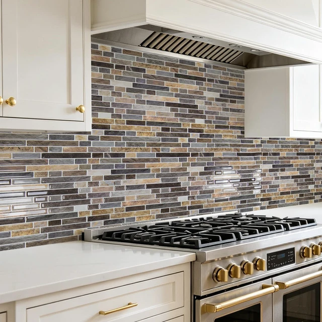 Alt view image 2 of 7 - Linear Tile Peel and Stick Backsplash, 10-Pack, Vintage Sandstone 12 x 12 Inch, Enhanced Thickness, Warp Resistant, Strong Adhesion, Sturdy, for Kitchen, Bedroom, Ideal for Home Improvement