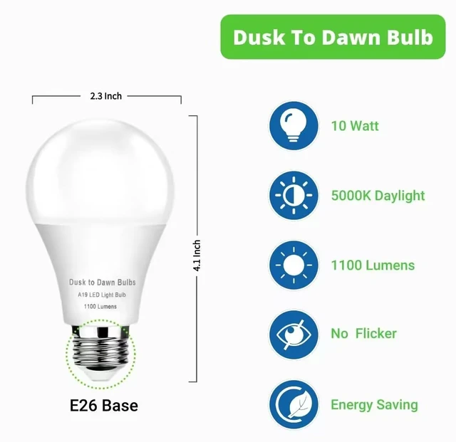 Alt view image 6 of 6 - 6-Pack Dusk to Dawn LED Outdoor Light Bulb, 10W 5000K Daylight 1100LM, Auto On/Off Light Sensor, E26 Base - Weatherproof for Porch, Yard & Garage