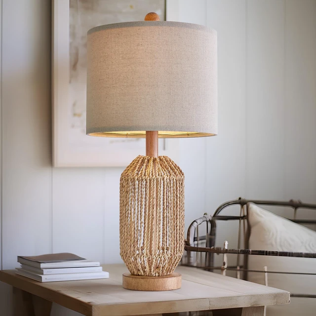 Alt view image 3 of 7 - 21" Boho Table Lamp for Living Room, Bedside Lamp for Nightstands, Rattan Lamp for Bedroom, Farmhouse Table Lamp for Room Decor, End Table, Retro, Brown, 1 Pack