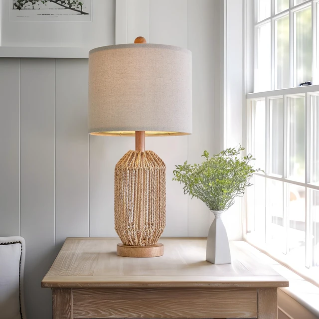 Alt view image 2 of 7 - 21" Boho Table Lamp for Living Room, Bedside Lamp for Nightstands, Rattan Lamp for Bedroom, Farmhouse Table Lamp for Room Decor, End Table, Retro, Brown, 1 Pack