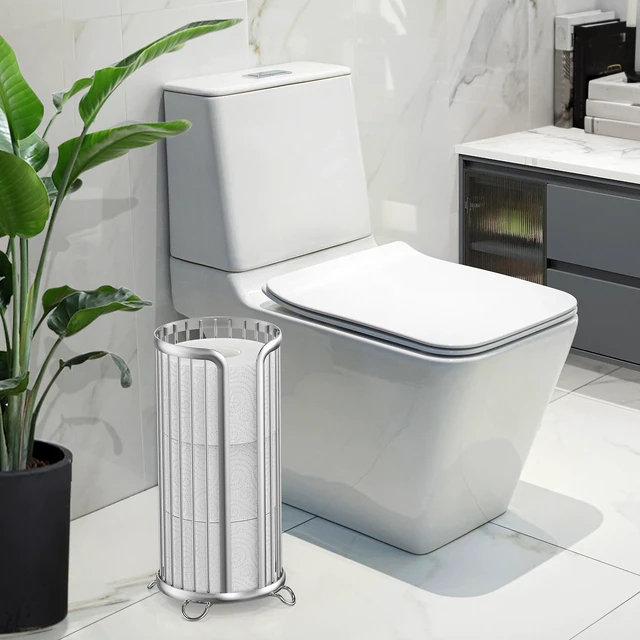 Alt view image 2 of 7 - Toilet Paper Holder Stand, Freestanding Toilet Paper Storage,Silver Waterproof Raised Feet,Rustproof,Fit 3 Mega Rolls,No Drilling No Assemble,Minimalistic Storage,Space-saving Renter Friendly