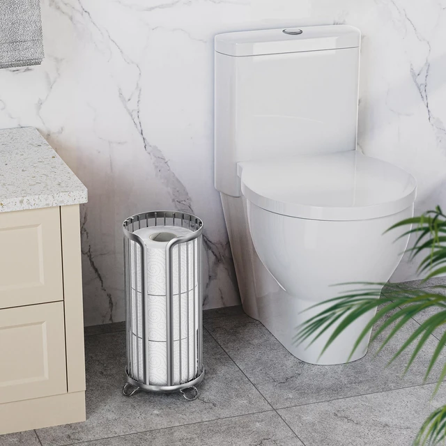 Alt view image 3 of 7 - Toilet Paper Holder Stand, Freestanding Toilet Paper Storage,Silver Waterproof Raised Feet,Rustproof,Fit 3 Mega Rolls,No Drilling No Assemble,Minimalistic Storage,Space-saving Renter Friendly