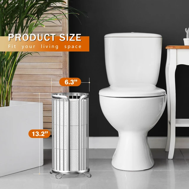 Alt view image 4 of 7 - Toilet Paper Holder Stand, Freestanding Toilet Paper Storage,Silver Waterproof Raised Feet,Rustproof,Fit 3 Mega Rolls,No Drilling No Assemble,Minimalistic Storage,Space-saving Renter Friendly