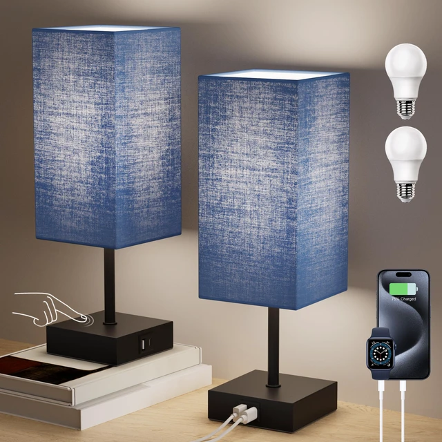 Main image of Touch Bedside Table Lamp for Bedroom, 14-Inch, Navy Blue Set of 2 USB A+C Ports, Touch 3-Way Dimmable LED Bulb Included Fabric Lampshade Metal Base Small Nightstand Lamp for Desk Living Room