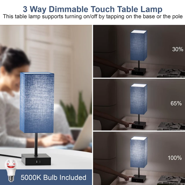Alt view image 2 of 7 - Touch Bedside Table Lamp for Bedroom, 14-Inch, Navy Blue Set of 2 USB A+C Ports, Touch 3-Way Dimmable LED Bulb Included Fabric Lampshade Metal Base Small Nightstand Lamp for Desk Living Room