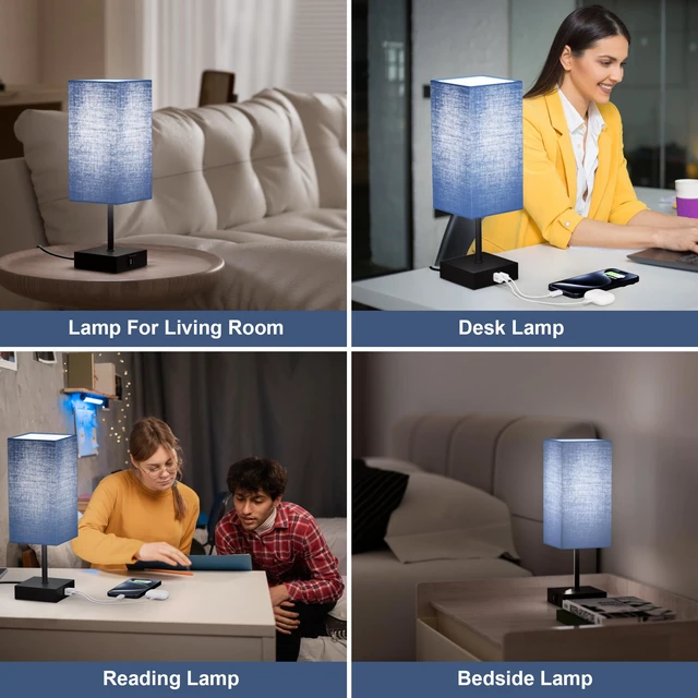 Alt view image 6 of 7 - Touch Bedside Table Lamp for Bedroom, 14-Inch, Navy Blue Set of 2 USB A+C Ports, Touch 3-Way Dimmable LED Bulb Included Fabric Lampshade Metal Base Small Nightstand Lamp for Desk Living Room