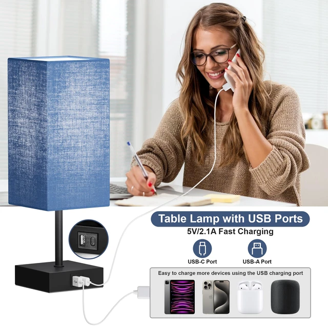Alt view image 3 of 7 - Touch Bedside Table Lamp for Bedroom, 14-Inch, Navy Blue Set of 2 USB A+C Ports, Touch 3-Way Dimmable LED Bulb Included Fabric Lampshade Metal Base Small Nightstand Lamp for Desk Living Room
