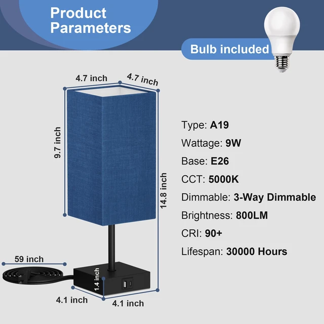 Alt view image 5 of 7 - Touch Bedside Table Lamp for Bedroom, 14-Inch, Navy Blue Set of 2 USB A+C Ports, Touch 3-Way Dimmable LED Bulb Included Fabric Lampshade Metal Base Small Nightstand Lamp for Desk Living Room