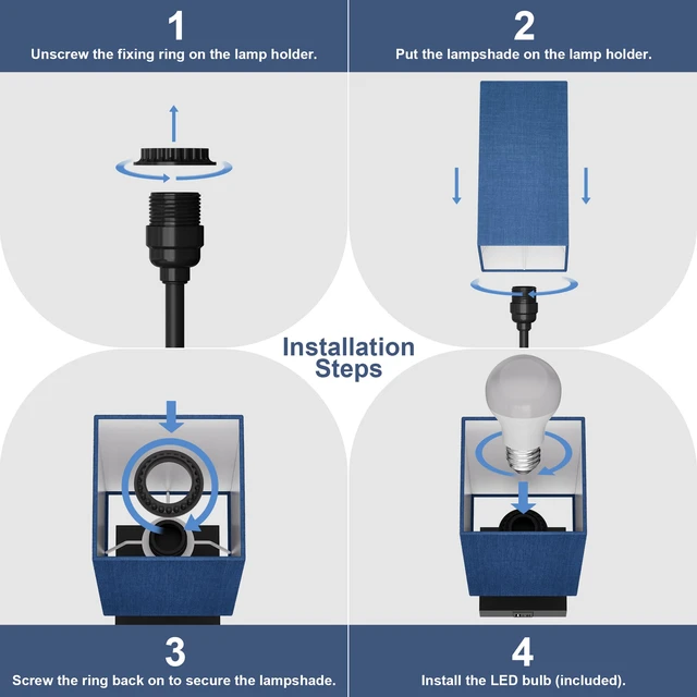 Alt view image 7 of 7 - Touch Bedside Table Lamp for Bedroom, 14-Inch, Navy Blue Set of 2 USB A+C Ports, Touch 3-Way Dimmable LED Bulb Included Fabric Lampshade Metal Base Small Nightstand Lamp for Desk Living Room