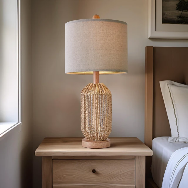 Alt view image 5 of 7 - 21" Boho Table Lamp for Living Room, Bedside Lamp for Nightstands, Rattan Lamp for Bedroom, Farmhouse Table Lamp for Room Decor, End Table, Retro, Brown, 1 Pack