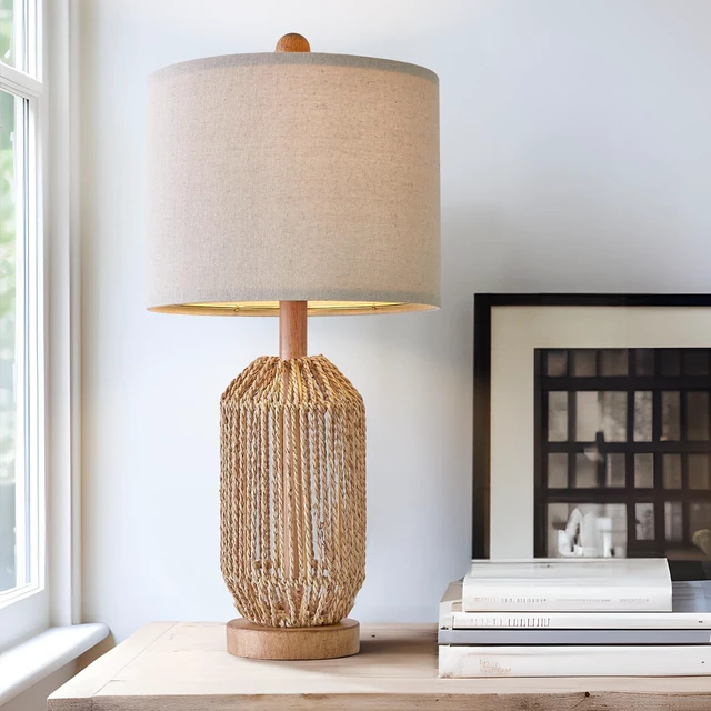 Alt view image 6 of 7 - 21" Boho Table Lamp for Living Room, Bedside Lamp for Nightstands, Rattan Lamp for Bedroom, Farmhouse Table Lamp for Room Decor, End Table, Retro, Brown, 1 Pack