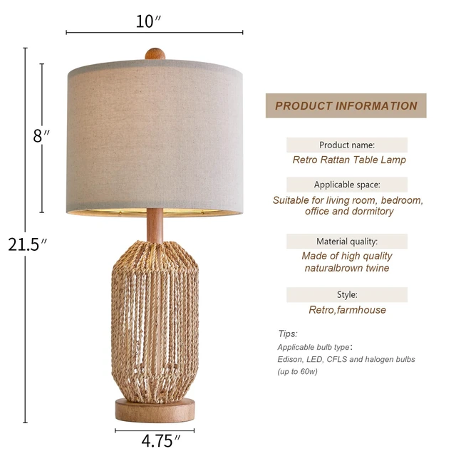 Alt view image 7 of 7 - 21" Boho Table Lamp for Living Room, Bedside Lamp for Nightstands, Rattan Lamp for Bedroom, Farmhouse Table Lamp for Room Decor, End Table, Retro, Brown, 1 Pack