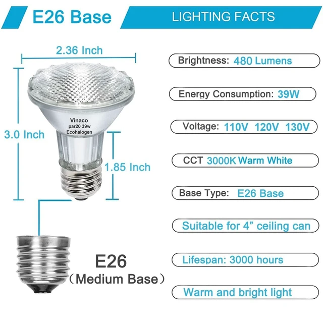 Alt view image 2 of 7 - 9PCS Eco Halogen Light Bulb, 39W PAR20 Warm White, Dimmable, 480 Lumens, 3000K, 120V, E26 Medium Base, 40° Flood Beam Angle, Track Lights, Indoor