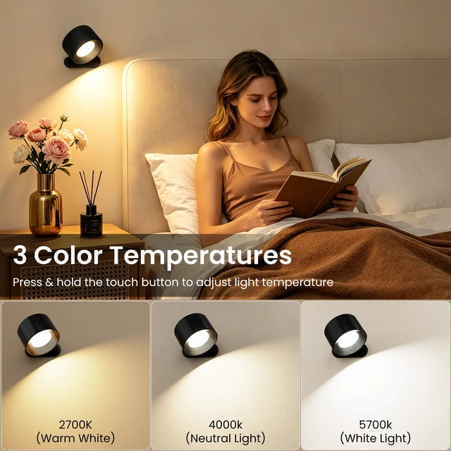 Alt view image 2 of 7 - LED Reading Lights, Wall Mounted Sconces with 3 Color Temperatures & 3 Brightness Levels Rechargeable Battery Magnetic Ball 360°Rotation Touch Control, Lamps for Kids Study Bedside Closet