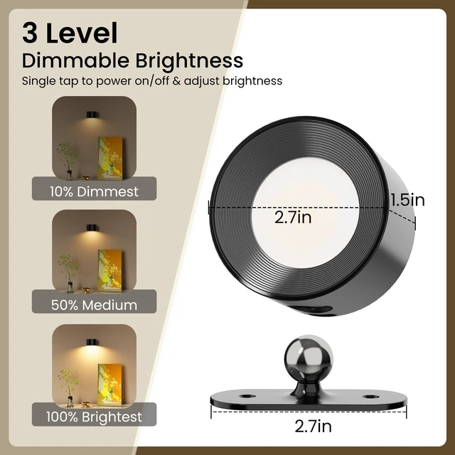 Alt view image 3 of 7 - LED Reading Lights, Wall Mounted Sconces with 3 Color Temperatures & 3 Brightness Levels Rechargeable Battery Magnetic Ball 360°Rotation Touch Control, Lamps for Kids Study Bedside Closet