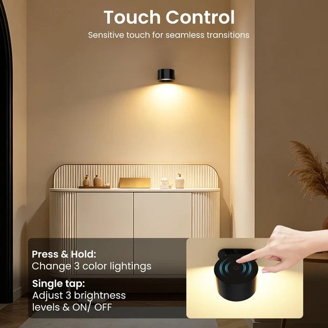 Alt view image 4 of 7 - LED Reading Lights, Wall Mounted Sconces with 3 Color Temperatures & 3 Brightness Levels Rechargeable Battery Magnetic Ball 360°Rotation Touch Control, Lamps for Kids Study Bedside Closet