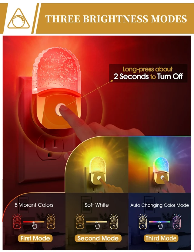 Alt view image 2 of 7 - 8-Color RGB Night Lights Plug Into Wall,2 Pack,Kids Night Light Color Changing Night Light,LED Night Light with Dusk to Dawn Sensor,for Bathroom Decor Children Room,Golden Cover