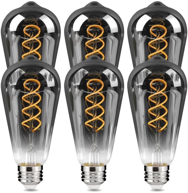 Main image of E26 ST64 Vintage Edison Light Bulbs, Smoky Grey Coated Glass, Dimmable, 4W(20W Equivalent) 150 Lumens, 2700K Soft White, Spiral Filaments Design, Antique Style, 25000 Hrs, 6-Pack
