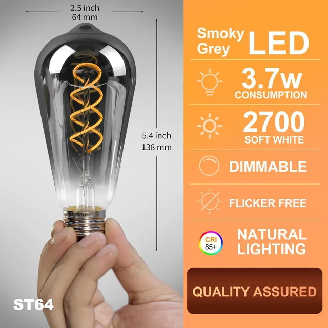 Alt view image 2 of 7 - E26 ST64 Vintage Edison Light Bulbs, Smoky Grey Coated Glass, Dimmable, 4W(20W Equivalent) 150 Lumens, 2700K Soft White, Spiral Filaments Design, Antique Style, 25000 Hrs, 3-Pack