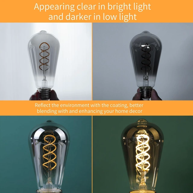 Alt view image 3 of 7 - E26 ST64 Vintage Edison Light Bulbs, Smoky Grey Coated Glass, Dimmable, 4W(20W Equivalent) 150 Lumens, 2700K Soft White, Spiral Filaments Design, Antique Style, 25000 Hrs, 3-Pack