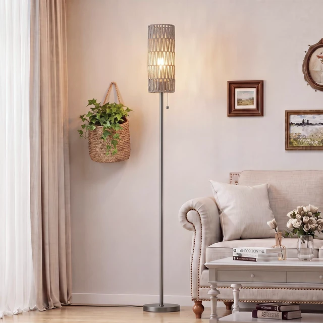 Main image of 64" Floor Lamp with Bulb & Rattan Shade & Chain Switch, Grey 3 Color Temperature,9W LED bulb,Boho Floor Lamp,Tall Pole Lamps,Living Room,Bedrooms,for Study,Office