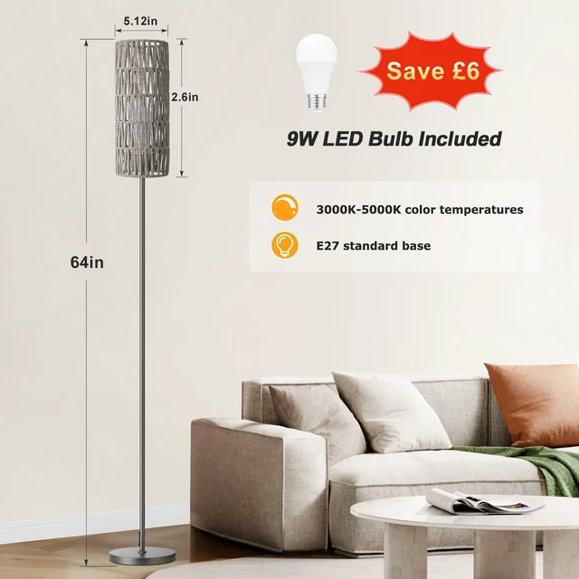 Alt view image 2 of 5 - 64" Floor Lamp with Bulb & Rattan Shade & Chain Switch, Grey 3 Color Temperature,9W LED bulb,Boho Floor Lamp,Tall Pole Lamps,Living Room,Bedrooms,for Study,Office
