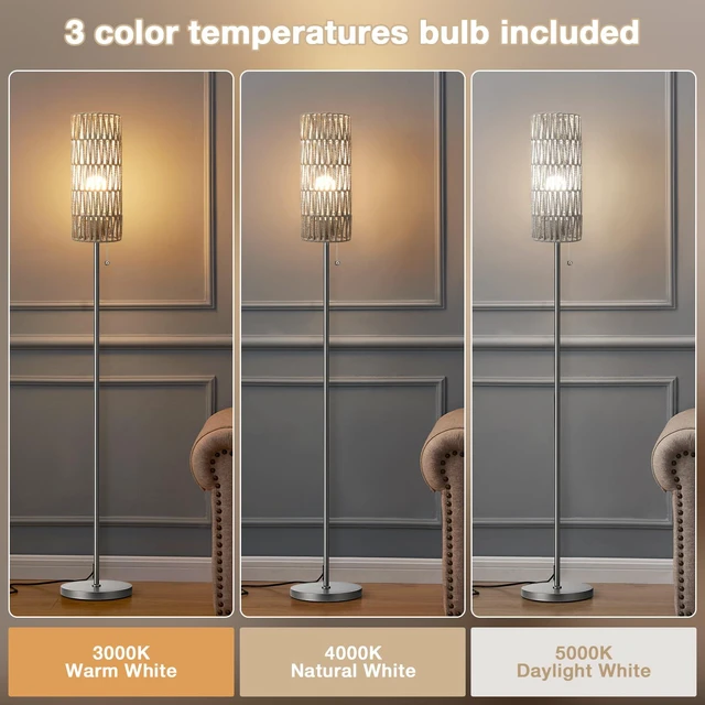 Alt view image 3 of 5 - 64" Floor Lamp with Bulb & Rattan Shade & Chain Switch, Grey 3 Color Temperature,9W LED bulb,Boho Floor Lamp,Tall Pole Lamps,Living Room,Bedrooms,for Study,Office