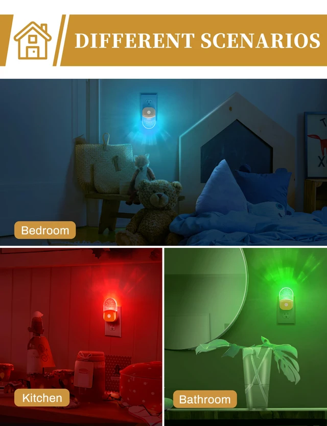 Alt view image 7 of 7 - 8-Color RGB Night Lights Plug Into Wall,2 Pack,Kids Night Light Color Changing Night Light,LED Night Light with Dusk to Dawn Sensor,for Bathroom Decor Children Room,Golden Cover