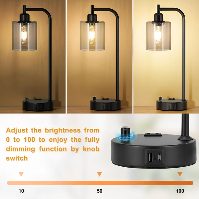 Alt view image 3 of 7 - Industrial Desk Lamps for Office Set of 2 - Fully Dimmable Bedside Lamps with USB A C Ports and Outlet, Black Nightstand Lamps with Grey Glass Shade for Living Room, Table Lamps for Bedrooms Reading