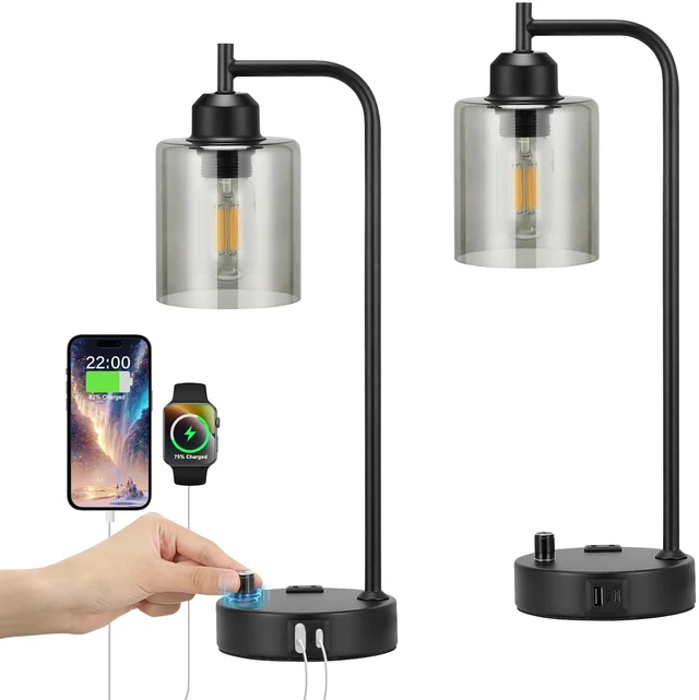 Main image of Industrial Desk Lamps for Office Set of 2 - Fully Dimmable Bedside Lamps with USB A C Ports and Outlet, Black Nightstand Lamps with Grey Glass Shade for Living Room, Table Lamps for Bedrooms Reading