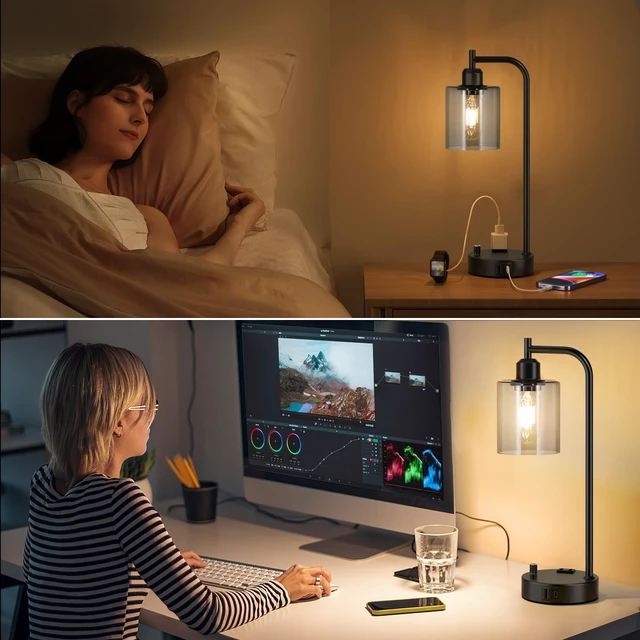 Alt view image 4 of 7 - Industrial Desk Lamps for Office Set of 2 - Fully Dimmable Bedside Lamps with USB A C Ports and Outlet, Black Nightstand Lamps with Grey Glass Shade for Living Room, Table Lamps for Bedrooms Reading