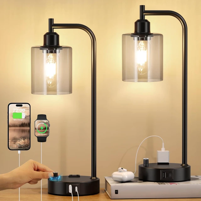 Alt view image 2 of 7 - Industrial Desk Lamps for Office Set of 2 - Fully Dimmable Bedside Lamps with USB A C Ports and Outlet, Black Nightstand Lamps with Grey Glass Shade for Living Room, Table Lamps for Bedrooms Reading