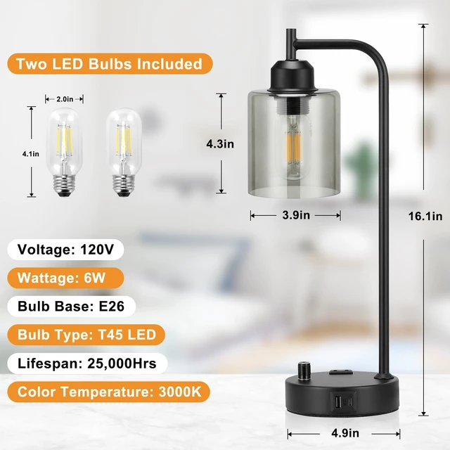 Alt view image 7 of 7 - Industrial Desk Lamps for Office Set of 2 - Fully Dimmable Bedside Lamps with USB A C Ports and Outlet, Black Nightstand Lamps with Grey Glass Shade for Living Room, Table Lamps for Bedrooms Reading