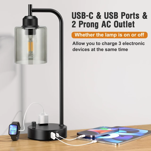 Alt view image 6 of 7 - Industrial Desk Lamps for Office Set of 2 - Fully Dimmable Bedside Lamps with USB A C Ports and Outlet, Black Nightstand Lamps with Grey Glass Shade for Living Room, Table Lamps for Bedrooms Reading
