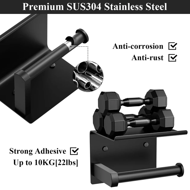 Alt view image 4 of 5 - Toilet Paper Holder with Phone Shelf, Adhesive or Screw Wall Mount Toilet Tissue Roll Holder, Rustproof & Multifunctional Stainless Steel Bathroom Storage Dispenser (Matte Black)