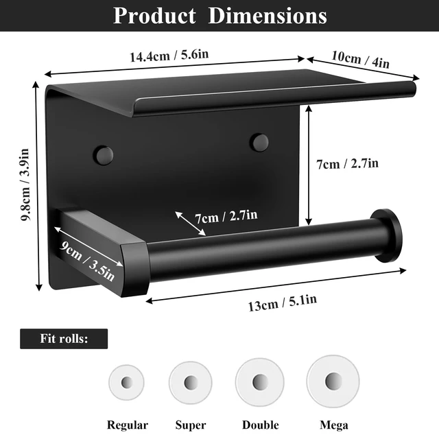 Alt view image 3 of 5 - Toilet Paper Holder with Phone Shelf, Adhesive or Screw Wall Mount Toilet Tissue Roll Holder, Rustproof & Multifunctional Stainless Steel Bathroom Storage Dispenser (Matte Black)